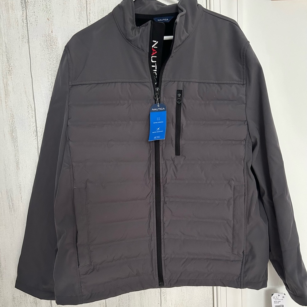 NWT Nautica Men's Gray Puffer Jacket with Faux Fur Lining